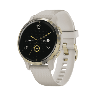 Reloj Garmin Venu 2S color beige en bisel de acero inoxidable, con funciones premium como almacenamiento y reproducción de hasta 2000 canciones.