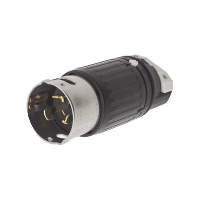 Enchufe Macho con Bloqueo de Media Vuelta Trifásico / 50 A 250 VCA 3 Fases / 3 Polos 4 Hilos / Grado Industrial / Color Negro y Blanco.