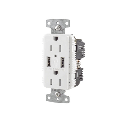 Contacto Dúplex con 2 Puertos USB, 15A 125V, 2 Polos, 3 Hilos, Color Blanco. 