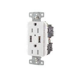 Contacto Dúplex con 2 Puertos USB, 15A 125V, 2 Polos, 3 Hilos, Color Blanco. 