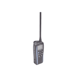 Radio portátil marino color azul metálico, 5 W de potencia RF, 0.5 W de salida de audio, flotante, sumergible IPX7, Tx: 156.025-157.425MHz, Rx: 156.050-163.275MHz , incluye batería de 1500mAh, cargador, antena clip y correa de mano