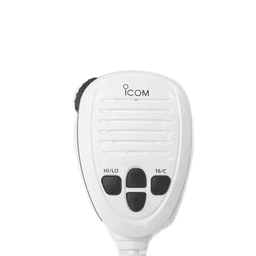 Radio móvil marino ICOM, color blanco, clase D DSC. Tx: 156.025 - 157.425 MHz, Rx: 156.050 - 163.275 MHz, 25W de potencia, sumergible IPX7 incluye micrófono y cable de alimentación