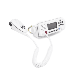 Radio móvil marino ICOM, color blanco, clase D DSC. Tx: 156.025 - 157.425 MHz, Rx: 156.050 - 163.275 MHz, 25W de potencia, sumergible IPX7 incluye micrófono y cable de alimentación