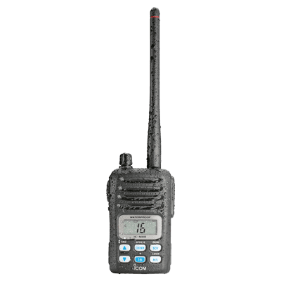 Radio Portátil Marino, 5W, rango de frecuencia Tx:156.025-157.425MHz, Rx:156.050-163.275MHz, sumergible IPX7, canales CAN,USA,INT incluye BP-227 bat (Li-Ion, 1700 mAh), cargador, antena y clip.