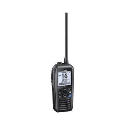 Radio portátil marino flotante con receptor AIS y GPS incluido, Tx: 156.025-157.425 MHz Rx: 156.050-163.275 MHz, opera en canales INT, USA, CAN, WX, Incluye antena, batería, cargador, cable de encendedor y clip.