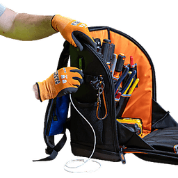Mochila Profesional para Herramientas / 27 Bolsillos / Acceso Rápido y Estación de Trabajo / Base Moldeada Ancha / Interior Naranja / USB-C / Soporte para Lámpara