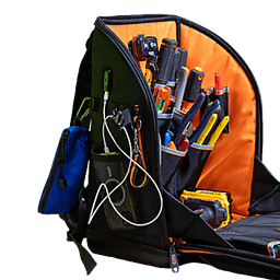 Mochila Profesional para Herramientas / 27 Bolsillos / Acceso Rápido y Estación de Trabajo / Base Moldeada Ancha / Interior Naranja / USB-C / Soporte para Lámpara