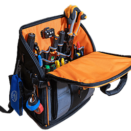 Mochila Profesional para Herramientas / 27 Bolsillos / Acceso Rápido y Estación de Trabajo / Base Moldeada Ancha / Interior Naranja / USB-C / Soporte para Lámpara