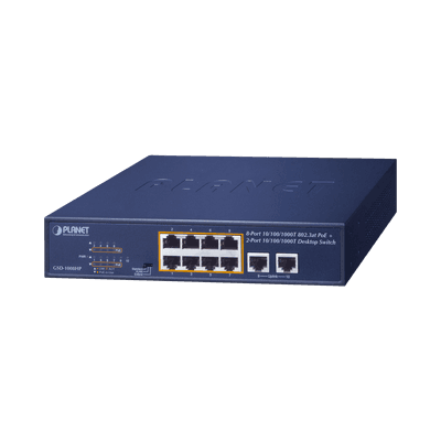 Switch PoE No Administrable, Modo Extendido Hasta 250 m, 10 Puertos 10/100/1000 Mbps, 8 Puertos PoE 802.3af/at, 2 Puertos Uplink, Hasta 120 W