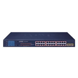 Switch PoE de 24 Puertos Gigabit 802.3af/at con Modo Extendido 250 m, 2 Puertos SFP 1000SX , Pantalla LCD para Configuración Básica, Hasta 300 W para PoE