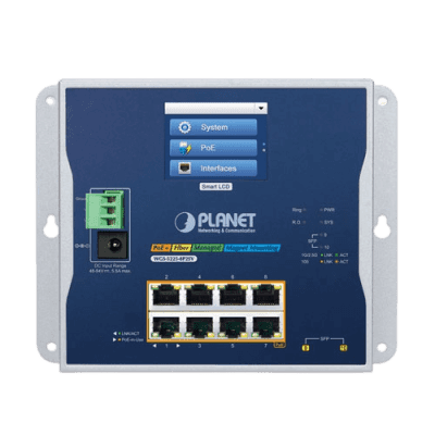Switch Industrial Flat-Type 8 Puertos Gigabit C/PoE 802.3at, 2 Puertos SFP, LCD