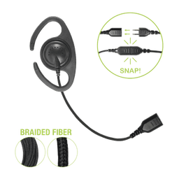 â€‹Auriculares de gancho en forma de "C" con cable de fibra trenzada y conector SNAP. Requiere micrófono de solapa de 1 o 2 hilos de la Serie SNAP.