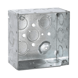 Caja Cuadrada Galvanizada  de 4" x 4", profundidad de 2 1/8". Cuenta con 10 KO de 1/2" y 6 TKO (1/2" - 3/4"))
