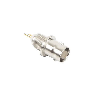 Conector BNC Hembra de Montaje Frontal D-Plano, Soldable, Rondana de Seguridad, Níquel/ Oro/ Delrin. 