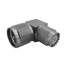 Adaptador en Ángulo Recto, de Conector Mini UHF Macho a Mini UHF Hembra, Cuerpo Cuadrado, Níquel/ Estaño/ Teflón.