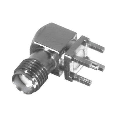 Conector SMA Hembra en Ángulo Recto con Terminal y 4 Patas para Montaje PCB, Níquel/ Oro/ Teflón.â€‹