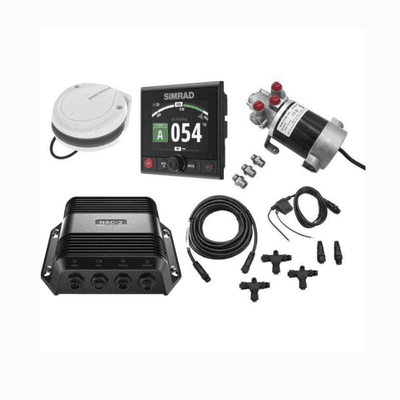 Piloto Automático Simrad para Embarcaciones Fueraborda y Dentrofueraborda / Paquete Completo / Controlador AP44 con Pantalla a Color 4.1 Pulgadas / Bomba Hidráulica RPU-80 / Brújula Precision-9 / Compatible con NMEA 2000® / Virtua