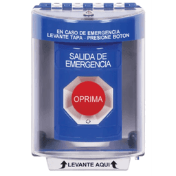Botón Multipropósito, Color Azul, De Superficie, Con Tapa De Policarbonato, Sin Bocina, Para Interior/Exterior, Llave Para Restablecer, Texto Salida De Emergencia, Español