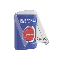 ​Botón Multipropósito, Color Azul, De Superficie, Con Tapa De Policarbonato, Con Bocina Pre Alarma, Para Interior, Llave Para Restablecer, Texto De Emergencia, Español