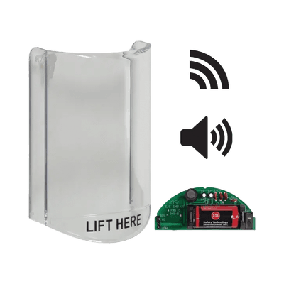 Cubierta Protectora De Policarbonato, Súper Resistente, Con Sonido, Con Transmisor Inalámbrico Para STI-V34104, Texto En Ingles, Para Botones Multiusos Serie Stopper® Station De STI