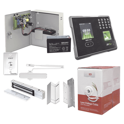 Sistema Completo de Acceso Y asistencia, Incluye Lector Biometrico MB160ID, Chapa magnética con bracket, Cierra puerta, Botón de Salida, Cable " Gratis ", y fuente profesional con Batería