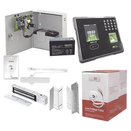 Sistema Completo de Acceso Y asistencia, Incluye Lector Biometrico MB160ID, Chapa magnética con bracket, Cierra puerta, Botón de Salida, Cable " Gratis ", y fuente profesional con Batería