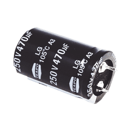 Capacitor Electrolítico de Aluminio, Radial de 470 µFd, 250 Vcc, 105 °C, 25 x 40 mm.