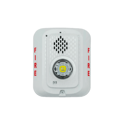 Sirena con Lámpara LED Estroboscópica / a 2 Hilos / Montaje en Pared / 24 Vcd / Configuración Estroboscópica Seleccionable / Texto en Inglés / Color Blanca 