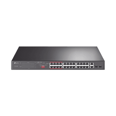Switch No Administrable 24 Puertos PoE+ 10/100 Mbps / 2 Puertos 10/100/1000 Mbps + 2 Puertos SFP (combo) / Modo Prioridad de Tráfico / Modo Aislamiento de Red / Presupuesto PoE de 250 W / Diseño para Ideal para Vigilancia IP