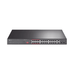 Switch No Administrable 24 Puertos PoE+ 10/100 Mbps / 2 Puertos 10/100/1000 Mbps + 2 Puertos SFP (combo) / Modo Prioridad de Tráfico / Modo Aislamiento de Red / Presupuesto PoE de 250 W / Diseño para Ideal para Vigilancia IP