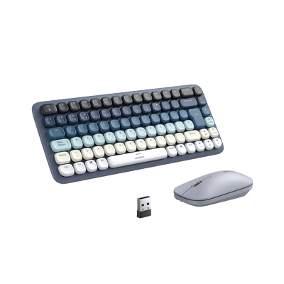 Paquete de Teclado y Mouse | 85 teclas en Español | Bluetooth y 2.4GHz |  Mouse Ambidiestro  | Sensor de DPI ajustable | Efectos de Iluminación del Teclado | Amplia compatibilidad | Color Azul.