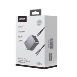 Cargador de 65W serie Nexode Pro | 3 Puertos de Carga Rápida | 2 USB-C | 1 USB-A | Tecnología GaNInfinity | PD3.1 de 65W / QC4.0 | Tecnología de Protección Térmica | Optimiza la Carga | Caja de Aluminio | Incluye Cable U