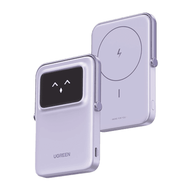 Power Bank Serie UNO Inalambrico | 10000mAh | 7.5W/20W  |  Con Emojis de Estado | Carga Rápida USB-C Bidireccional  | Pantalla TFT  Inteligente | Con Holder | Color Purple.
