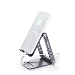 Soporte para Teléfono Celular de Aluminio | Angulo Ajustable | Amplia Compatibilidad con dispositivos de 4.7'' a 7.9'' | Antideslizante | Antiarañazos | Plegable | Color Gris.