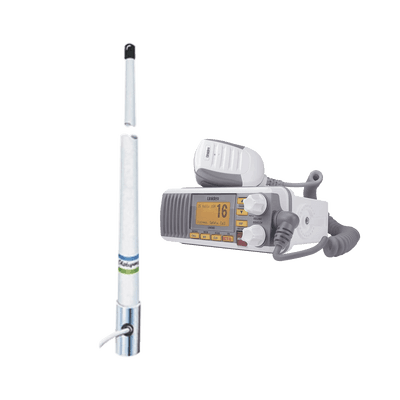 Kit de radio móvil VHF marino modelo UM-385 color blanco y antena marina Shakespeare de fibra de vidrio 5101