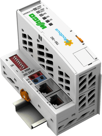 Acoplador de Bus de Campo Modbus TCP / 4ª Generación / 2 Puertos Ethernet 10/100 Mbps / Switch Integrado / Hasta 250 Módulos / IP20 / Montaje Carril DIN