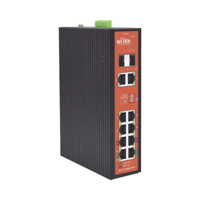 Switch PoE Industrial No administrable / Puertos 1-2 PoE 802.3 af/at y PoE 24 Vcc Pasivo 30W / Puertos 3-4 PoE 802.3 af/at/bt Hasta 60W / Puertos 5-8 PoE 802.3 af/at Hasta 30W / Los 8 puertos son Gigabit + 2 SFP combo / Presupuesto 300W